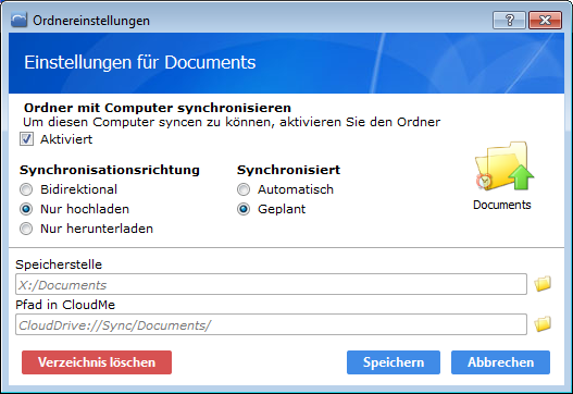 Einstellungen für synchronisierte Ordner 