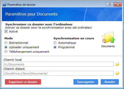 Paramètres de dossier synchronisé